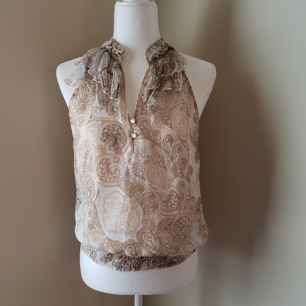 Elena Solano silk ruffle sleeveless paisley blouse